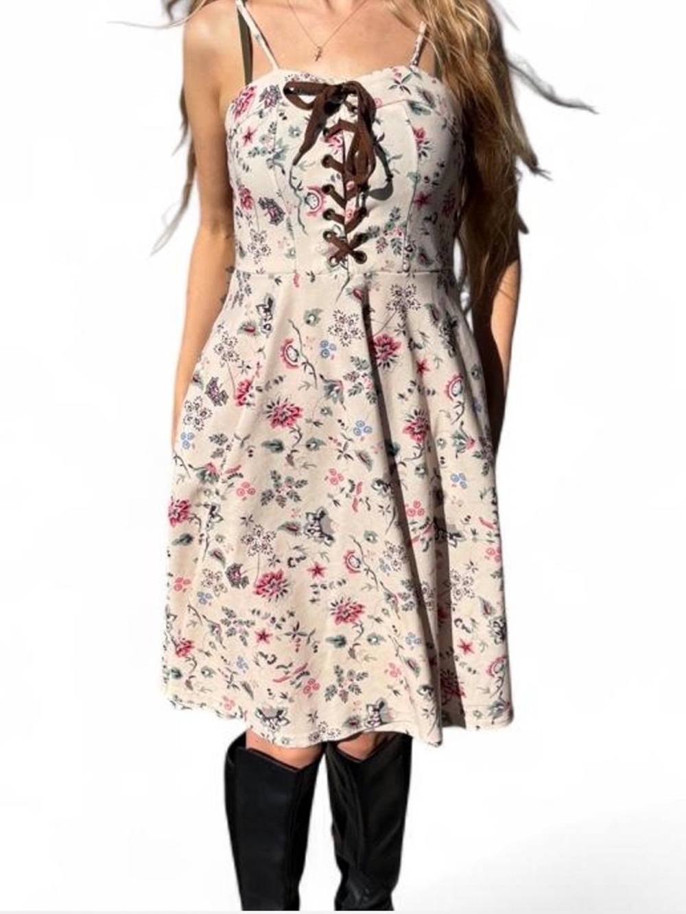 Beige color Floral midi dress with lace up front and adjustable straps Small
